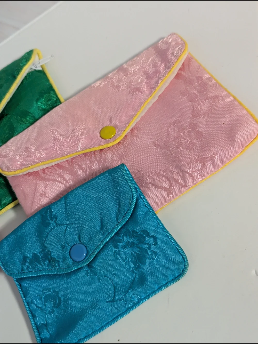 Silk Jacquard Multi-Color Zip & Snap Pouch Set - Pink, Green, Turquoise